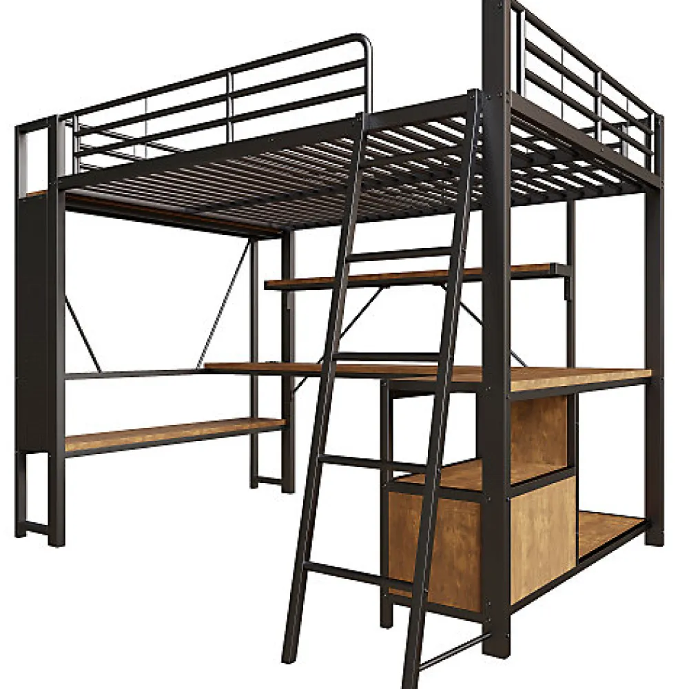 Lit mezzanine 140x200cm - structure en fer - bureau avec étagère - LED - port USB - noir (matelas non inclus)>ModernLuxe Sale