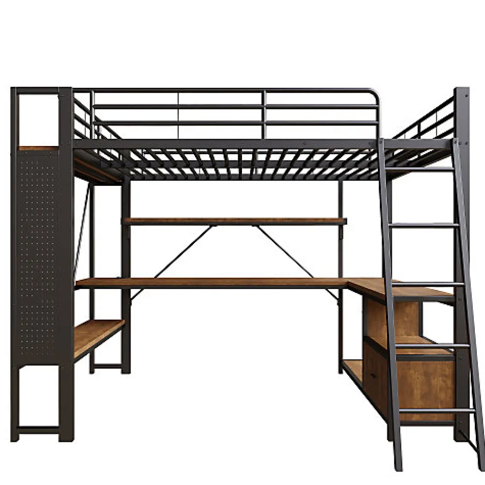 Lit mezzanine 140x200cm - structure en fer - bureau avec étagère - LED - port USB - noir (matelas non inclus)>ModernLuxe Sale