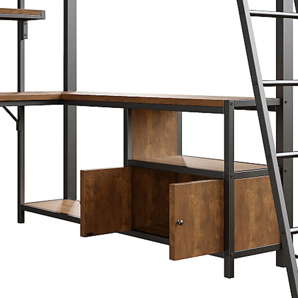 Lit mezzanine 140x200cm - structure en fer - bureau avec étagère - LED - port USB - noir (matelas non inclus)>ModernLuxe Sale