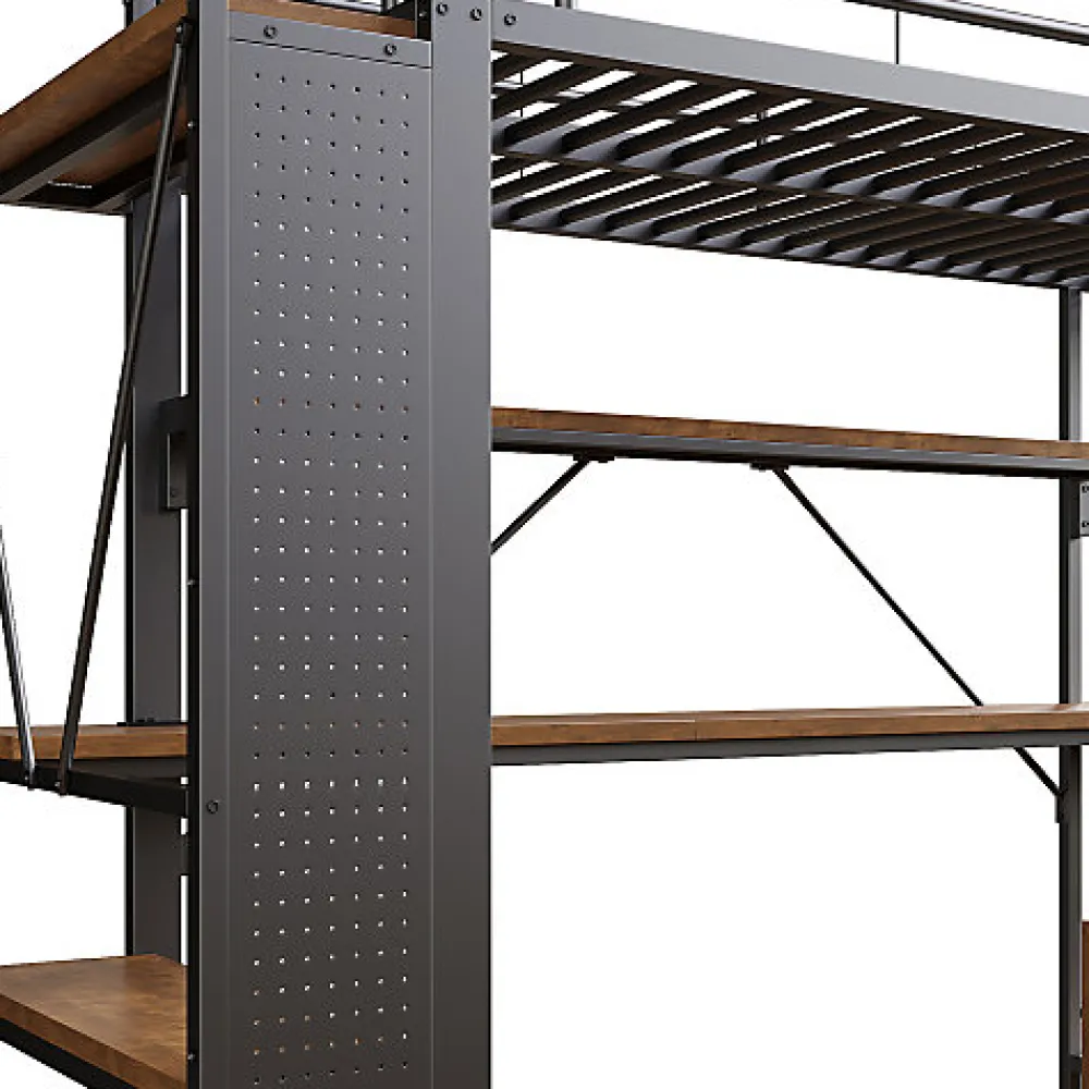 Lit mezzanine 140x200cm - structure en fer - bureau avec étagère - LED - port USB - noir (matelas non inclus)>ModernLuxe Sale