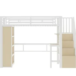 ModernLuxe Lit mezzanine 90x200cm - structure en fer - bureau - rangements - LED - escalier - blanc (matelas non inclus)* Lit Mezzanine