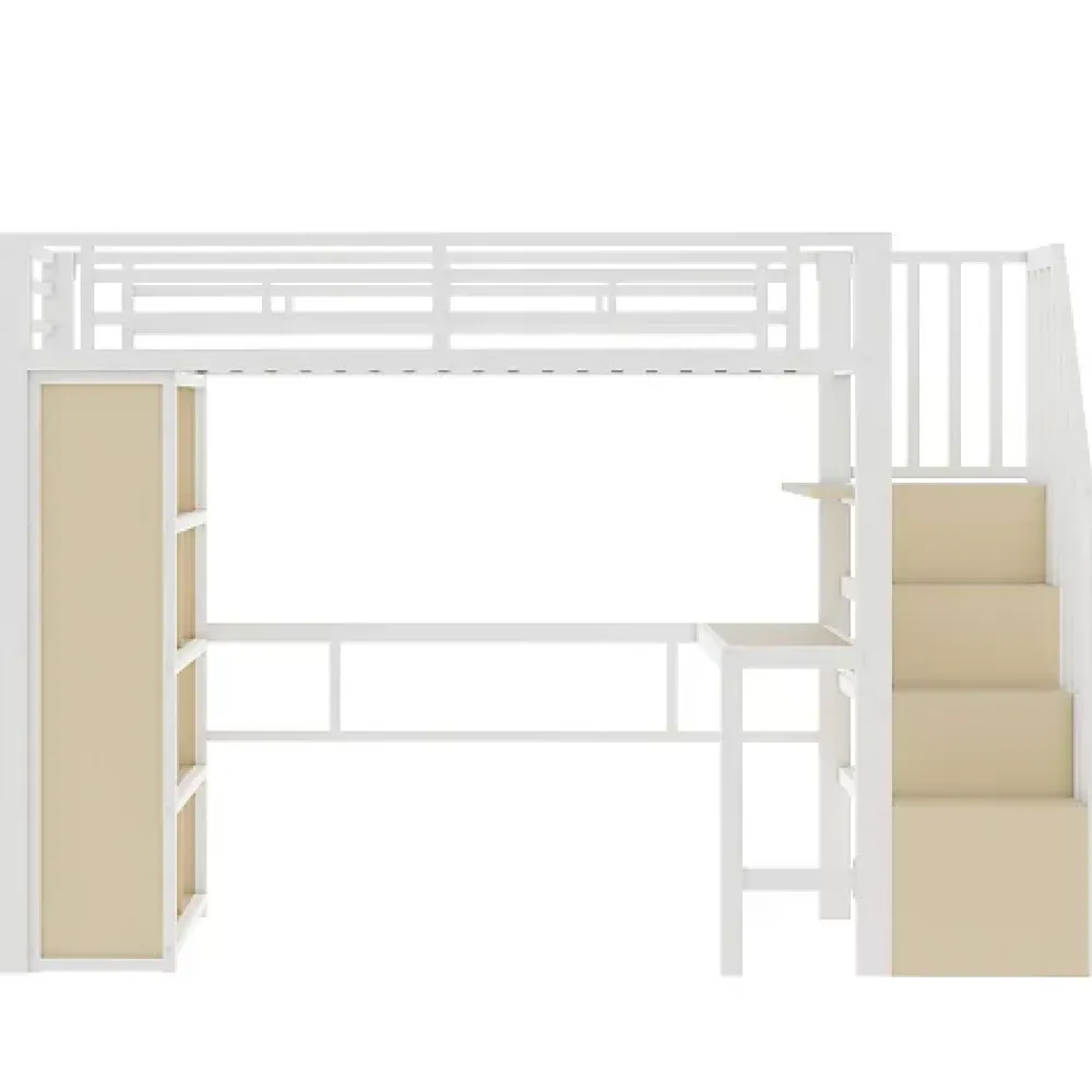 ModernLuxe Lit mezzanine 90x200cm - structure en fer - bureau - rangements - LED - escalier - blanc (matelas non inclus)* Lit Mezzanine
