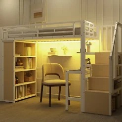 ModernLuxe Lit mezzanine 90x200cm - structure en fer - bureau - rangements - LED - escalier - blanc (matelas non inclus)* Lit Mezzanine