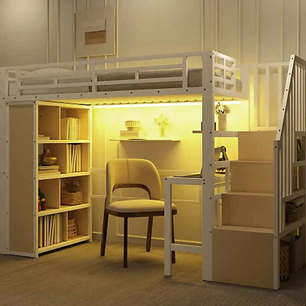 ModernLuxe Lit mezzanine 90x200cm - structure en fer - bureau - rangements - LED - escalier - blanc (matelas non inclus)* Lit Mezzanine