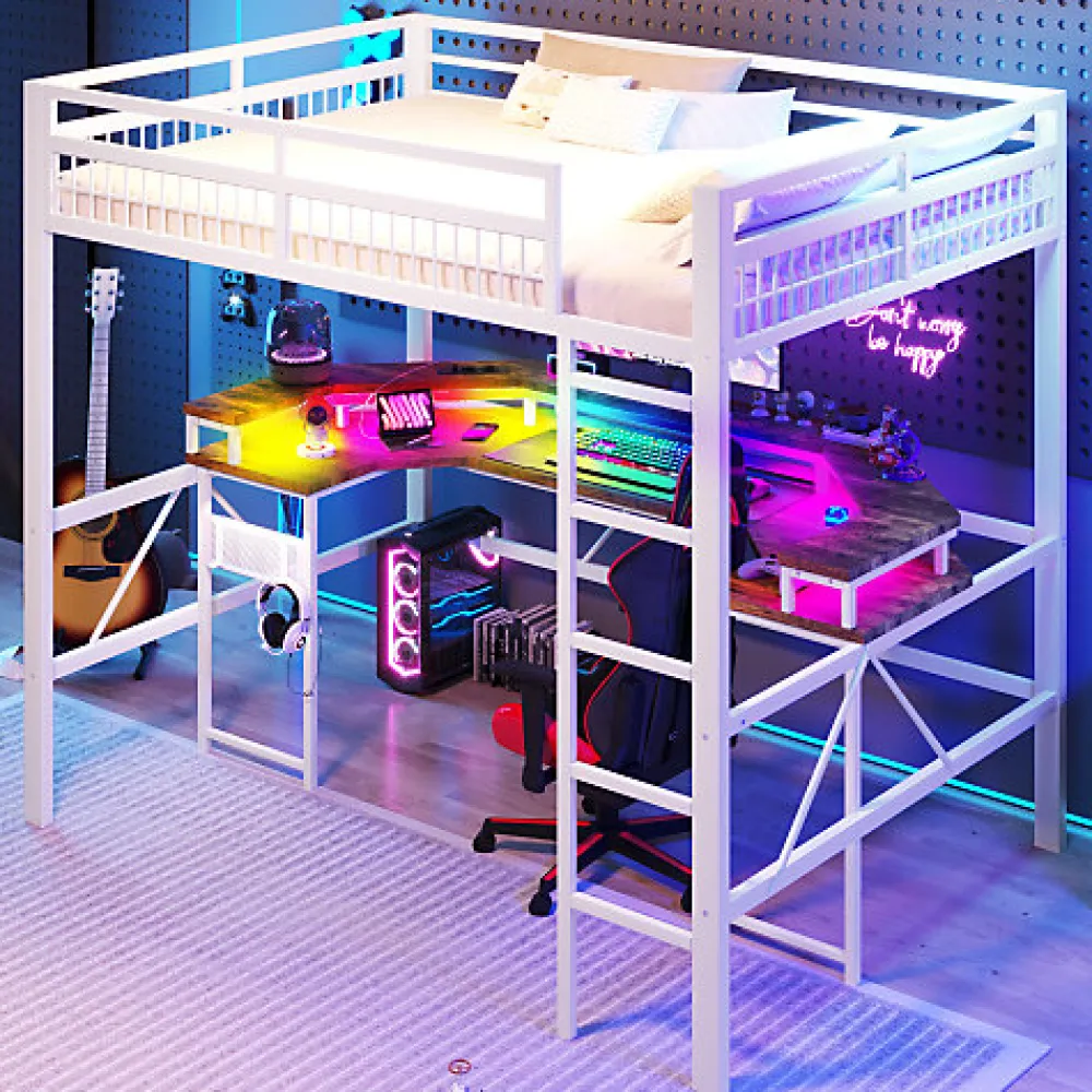 Lit mezzanine 140x200cm - structure en fer - bureau intégré - LED - USB et prise - blanc (matelas non inclus)>ModernLuxe Sale