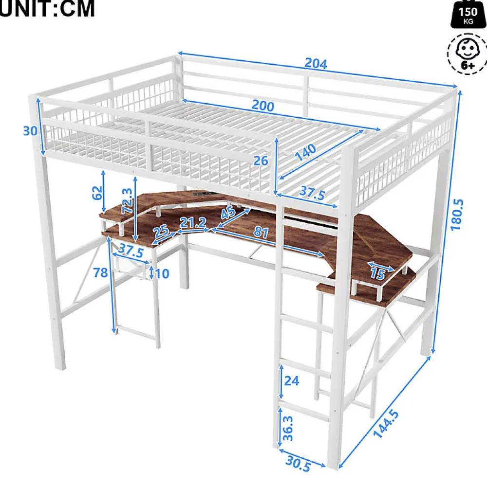 Lit mezzanine 140x200cm - structure en fer - bureau intégré - LED - USB et prise - blanc (matelas non inclus)>ModernLuxe Sale