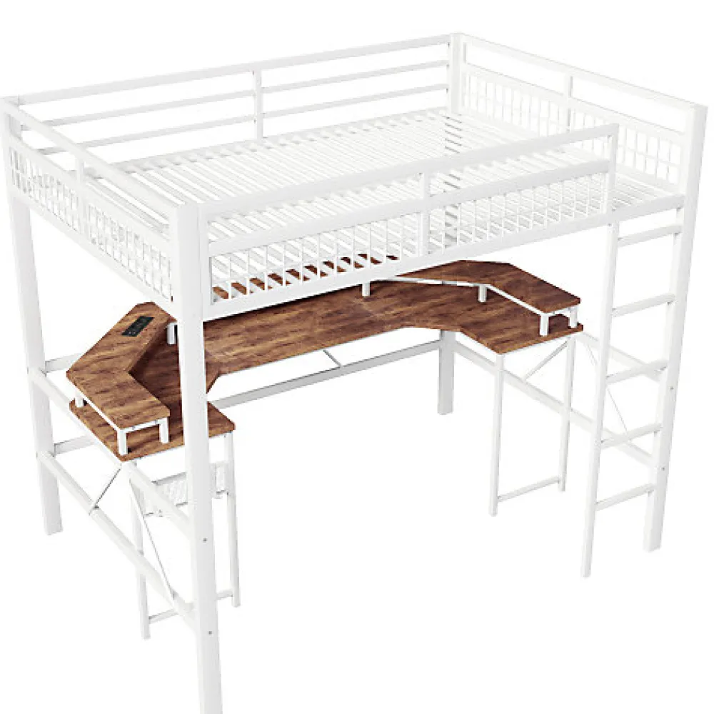 Lit mezzanine 140x200cm - structure en fer - bureau intégré - LED - USB et prise - blanc (matelas non inclus)>ModernLuxe Sale
