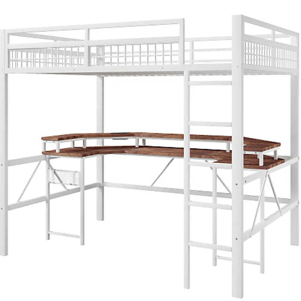 Lit mezzanine 140x200cm - structure en fer - bureau intégré - LED - USB et prise - blanc (matelas non inclus)>ModernLuxe Sale