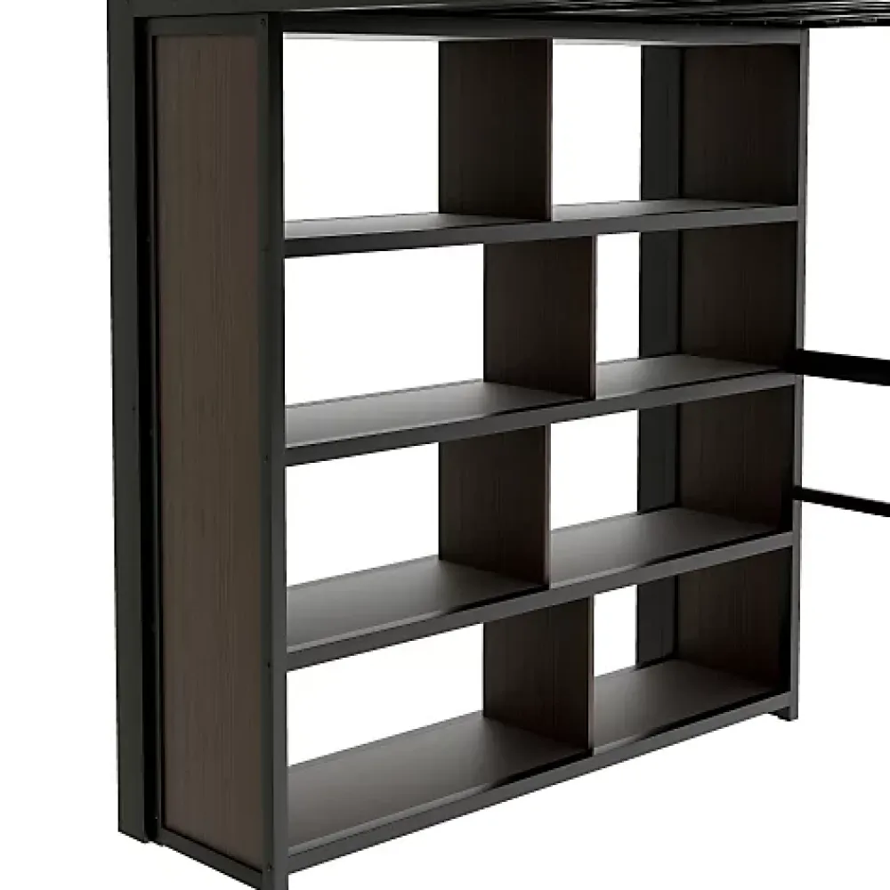 ModernLuxe Lit mezzanine 140x200cm - structure en fer - bureau - rangements - LED - escalier - noir (matelas non inclus)* Lit Mezzanine