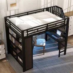 ModernLuxe Lit mezzanine 140x200cm - structure en fer - bureau - rangements - LED - escalier - noir (matelas non inclus)* Lit Mezzanine
