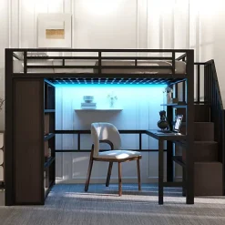 ModernLuxe Lit mezzanine 140x200cm - structure en fer - bureau - rangements - LED - escalier - noir (matelas non inclus)* Lit Mezzanine