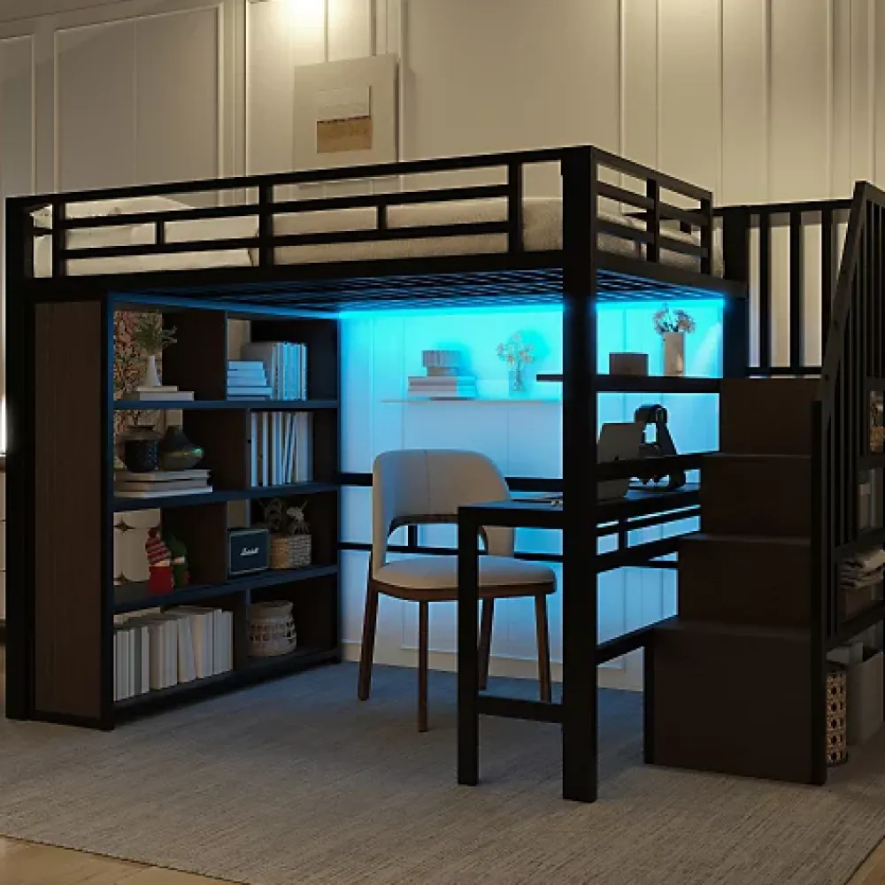 ModernLuxe Lit mezzanine 140x200cm - structure en fer - bureau - rangements - LED - escalier - noir (matelas non inclus)* Lit Mezzanine