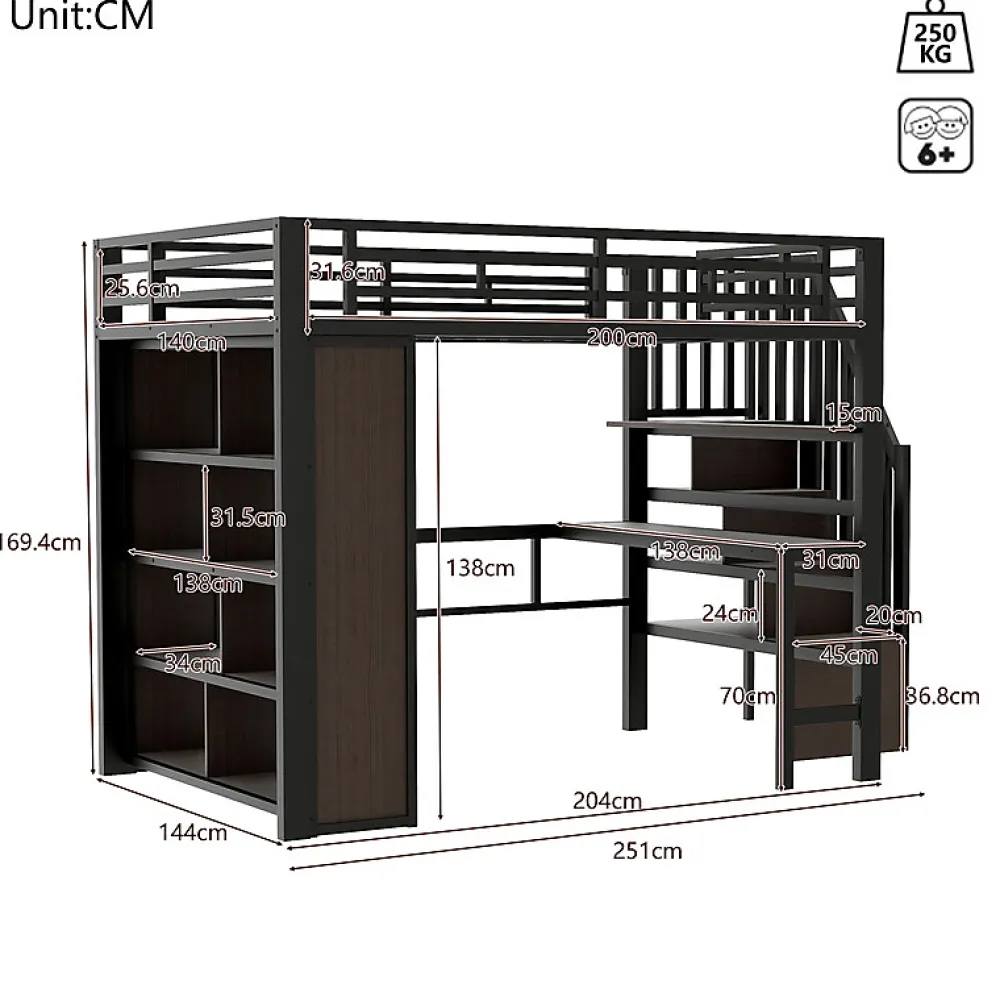 ModernLuxe Lit mezzanine 140x200cm - structure en fer - bureau - rangements - LED - escalier - noir (matelas non inclus)* Lit Mezzanine