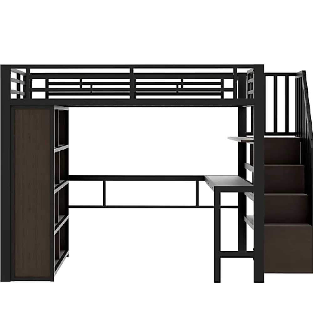 ModernLuxe Lit mezzanine 140x200cm - structure en fer - bureau - rangements - LED - escalier - noir (matelas non inclus)* Lit Mezzanine