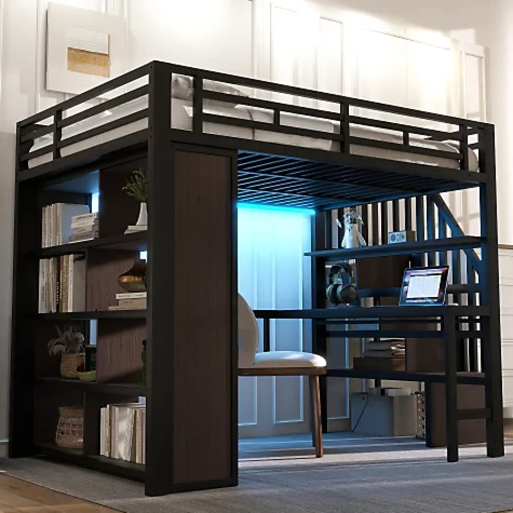 ModernLuxe Lit mezzanine 140x200cm - structure en fer - bureau - rangements - LED - escalier - noir (matelas non inclus)* Lit Mezzanine