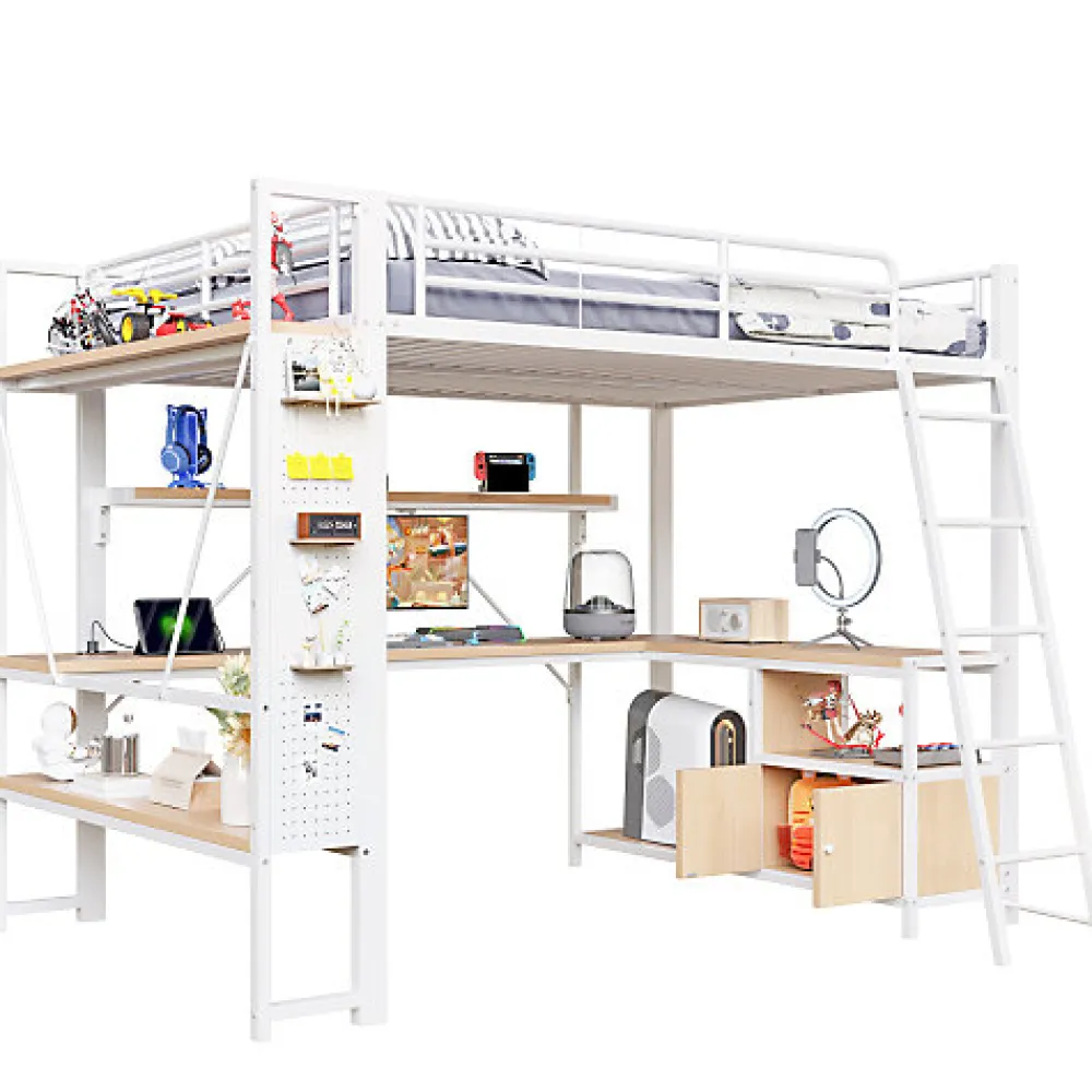 Lit mezzanine 140x200cm - structure en fer - bureau avec étagère - LED - port USB - blanc (matelas non inclus)>ModernLuxe New