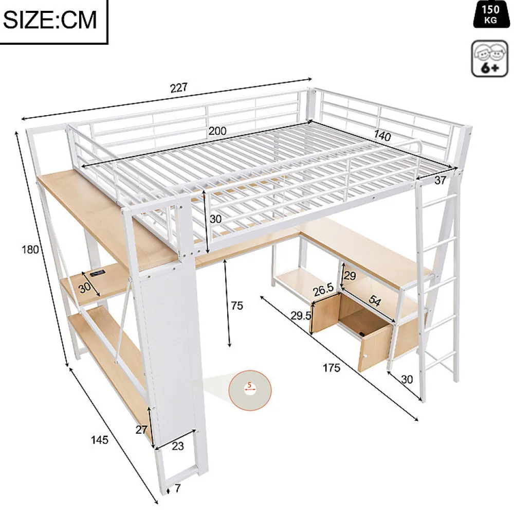 Lit mezzanine 140x200cm - structure en fer - bureau avec étagère - LED - port USB - blanc (matelas non inclus)>ModernLuxe New