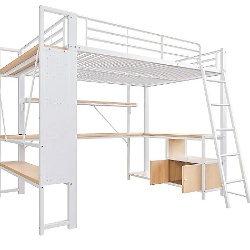 Lit mezzanine 140x200cm - structure en fer - bureau avec étagère - LED - port USB - blanc (matelas non inclus)>ModernLuxe New