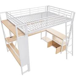 Lit mezzanine 140x200cm - structure en fer - bureau avec étagère - LED - port USB - blanc (matelas non inclus)><noscript><img width=
