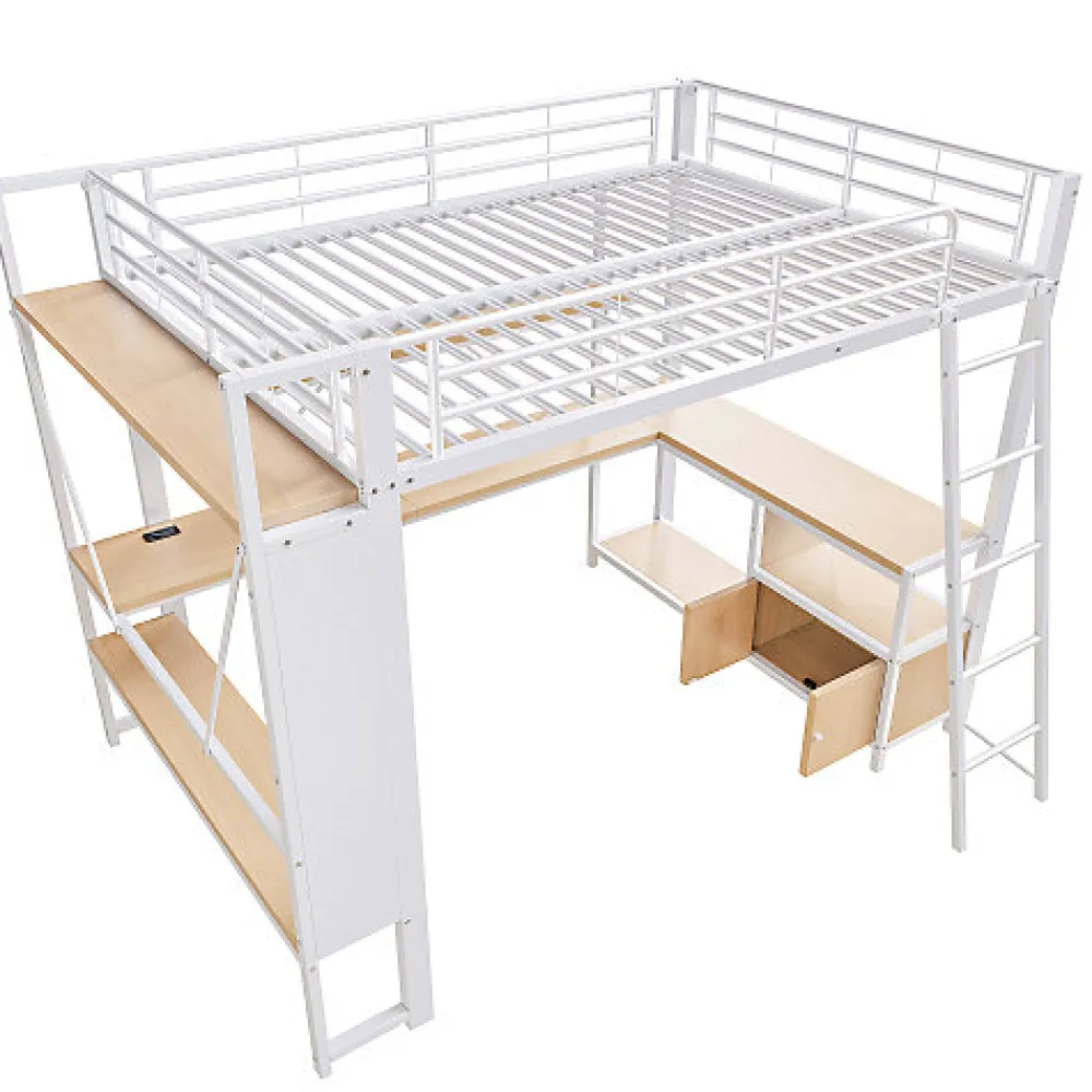 Lit mezzanine 140x200cm - structure en fer - bureau avec étagère - LED - port USB - blanc (matelas non inclus)>ModernLuxe New