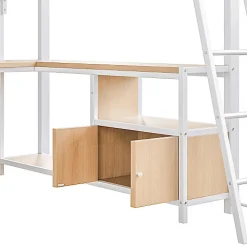 Lit mezzanine 140x200cm - structure en fer - bureau avec étagère - LED - port USB - blanc (matelas non inclus)><noscript><img width=