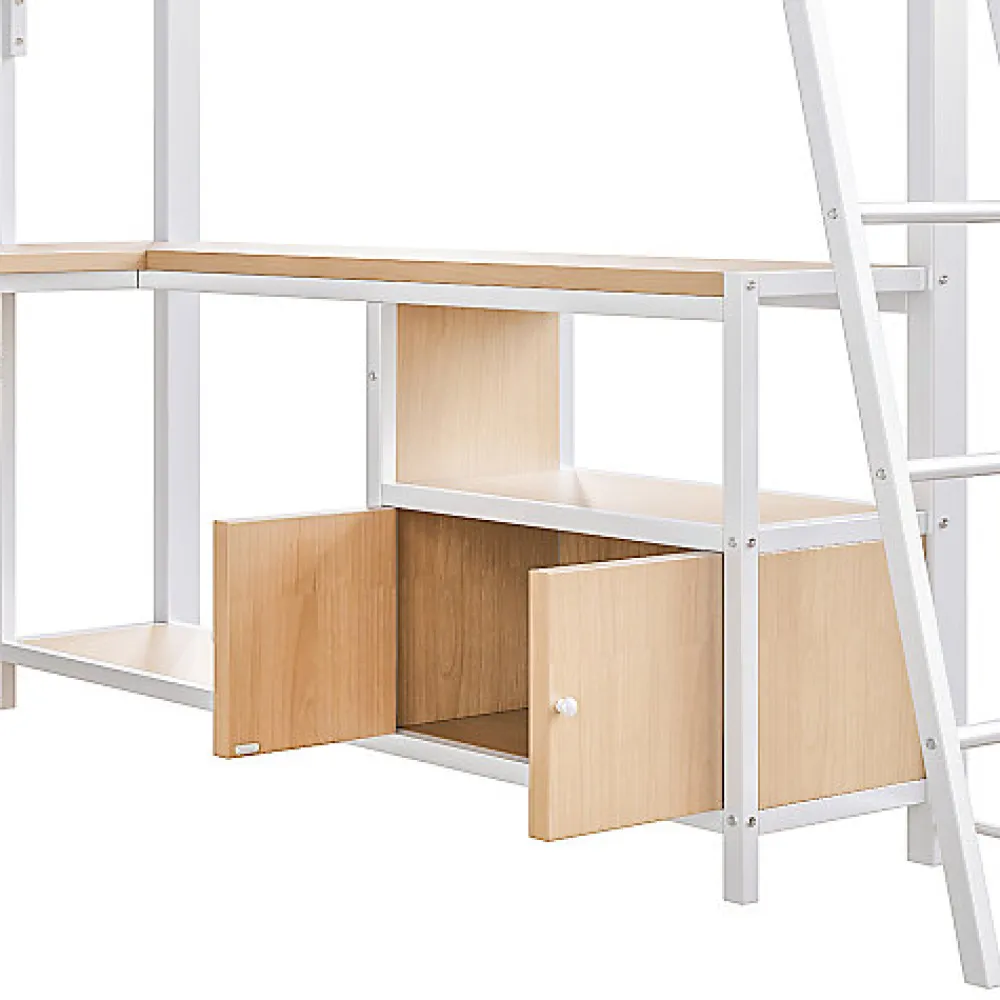 Lit mezzanine 140x200cm - structure en fer - bureau avec étagère - LED - port USB - blanc (matelas non inclus)>ModernLuxe New
