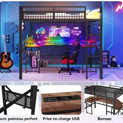 ModernLuxe Lit mezzanine 140x200cm - structure en fer - bureau intégré - LED - USB et prise - noir (matelas non inclus)* Lit Mezzanine