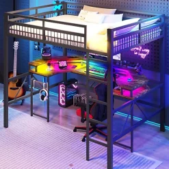 ModernLuxe Lit mezzanine 140x200cm - structure en fer - bureau intégré - LED - USB et prise - noir (matelas non inclus)* Lit Mezzanine
