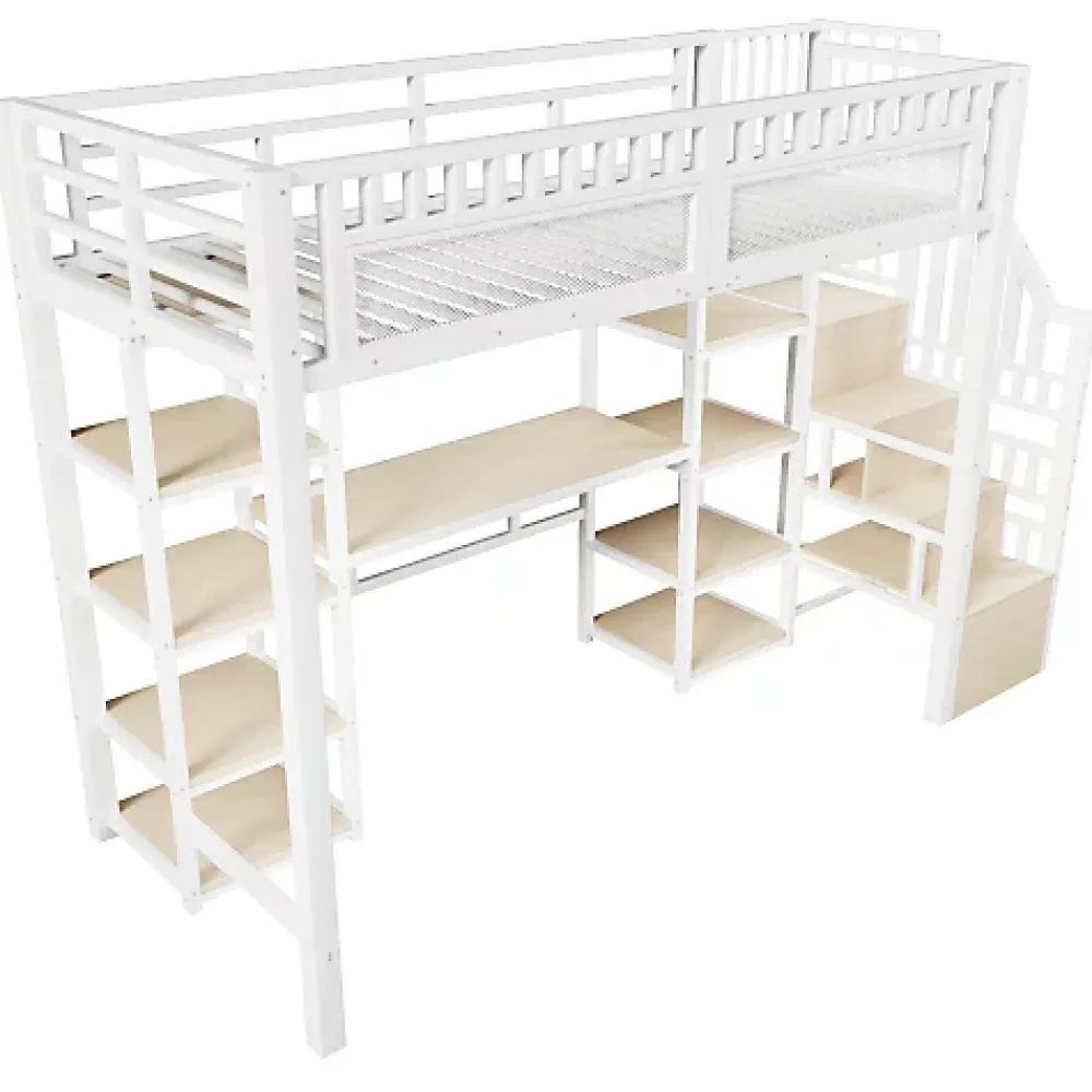 ModernLuxe Lit mezzanine 90x200cm - structure en fer - échelle de rangement - bureau - LED - USB - blanc (matelas non inclus)* Lit Mezzanine