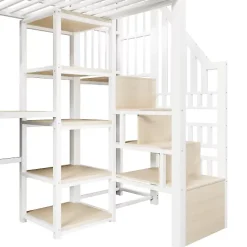ModernLuxe Lit mezzanine 90x200cm - structure en fer - échelle de rangement - bureau - LED - USB - blanc (matelas non inclus)* Lit Mezzanine