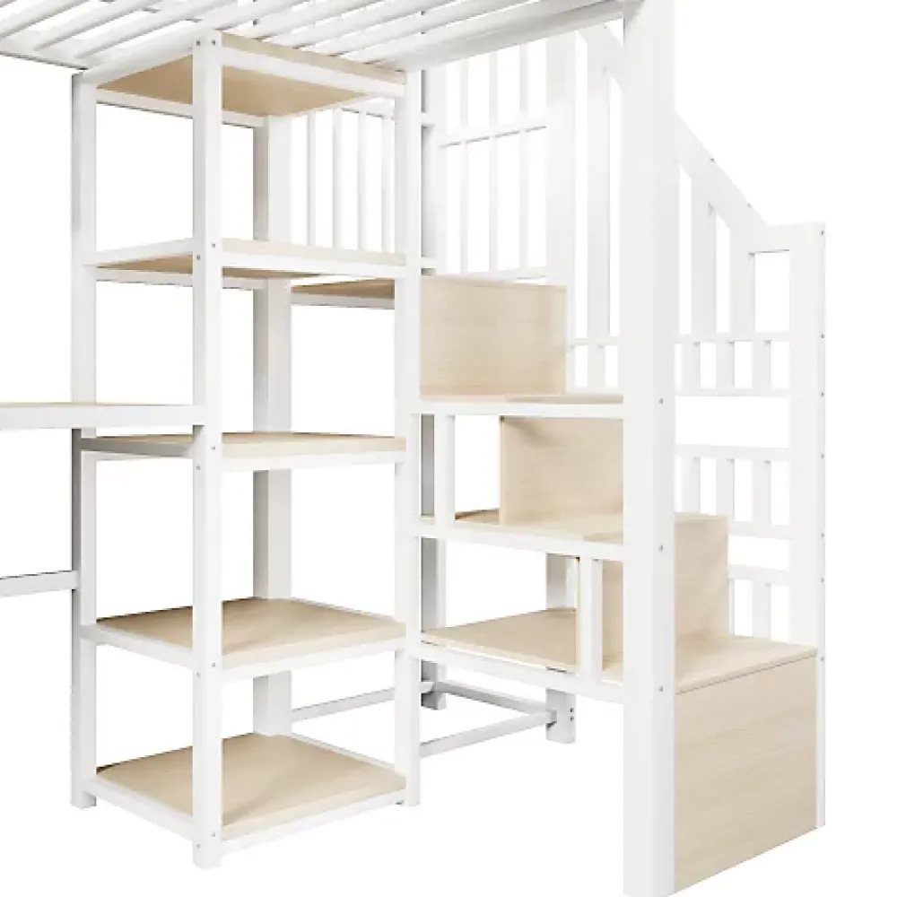 ModernLuxe Lit mezzanine 90x200cm - structure en fer - échelle de rangement - bureau - LED - USB - blanc (matelas non inclus)* Lit Mezzanine