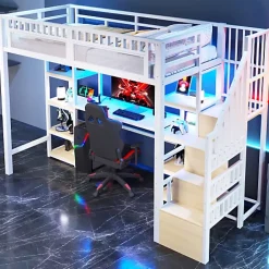 ModernLuxe Lit mezzanine 90x200cm - structure en fer - échelle de rangement - bureau - LED - USB - blanc (matelas non inclus)* Lit Mezzanine