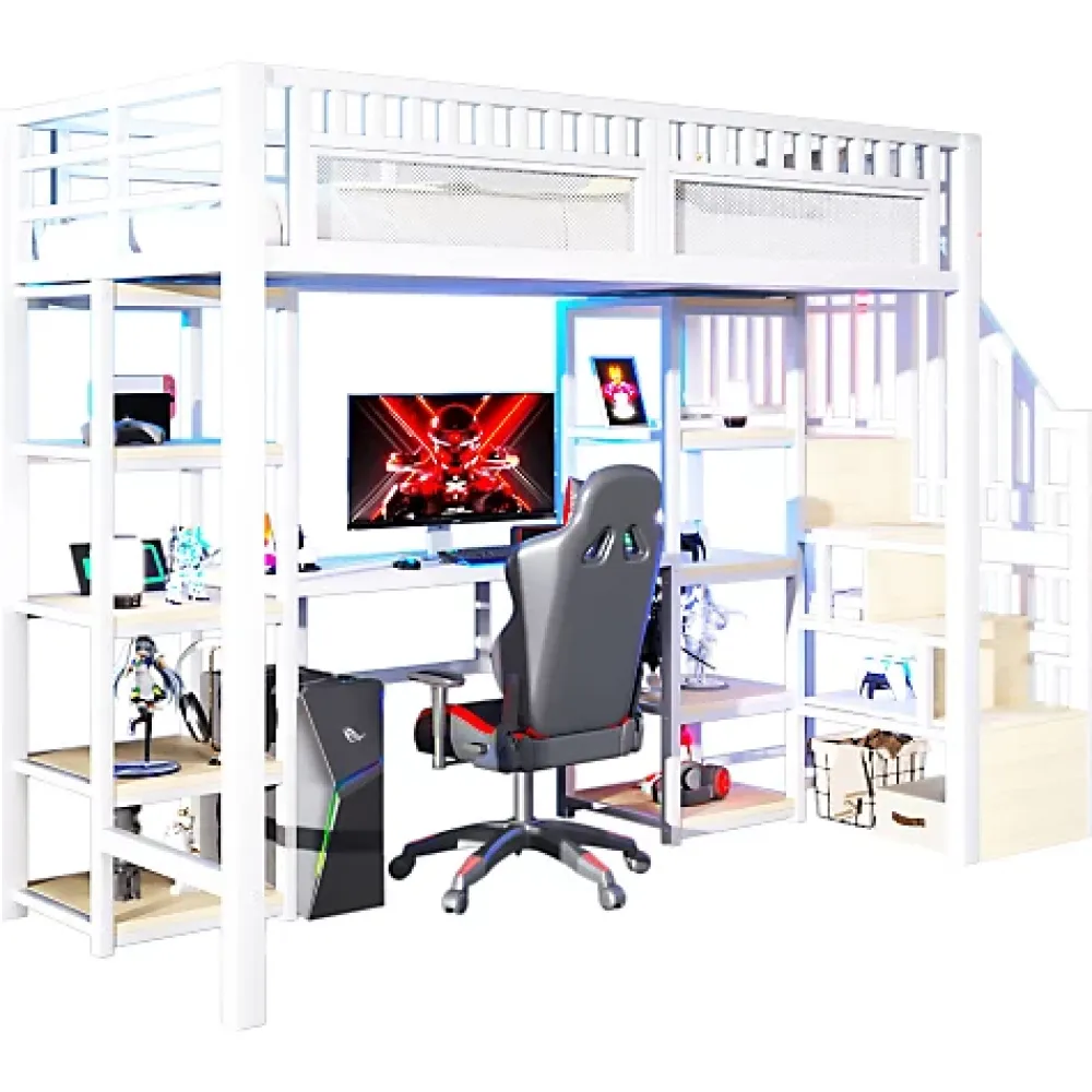 ModernLuxe Lit mezzanine 90x200cm - structure en fer - échelle de rangement - bureau - LED - USB - blanc (matelas non inclus)* Lit Mezzanine