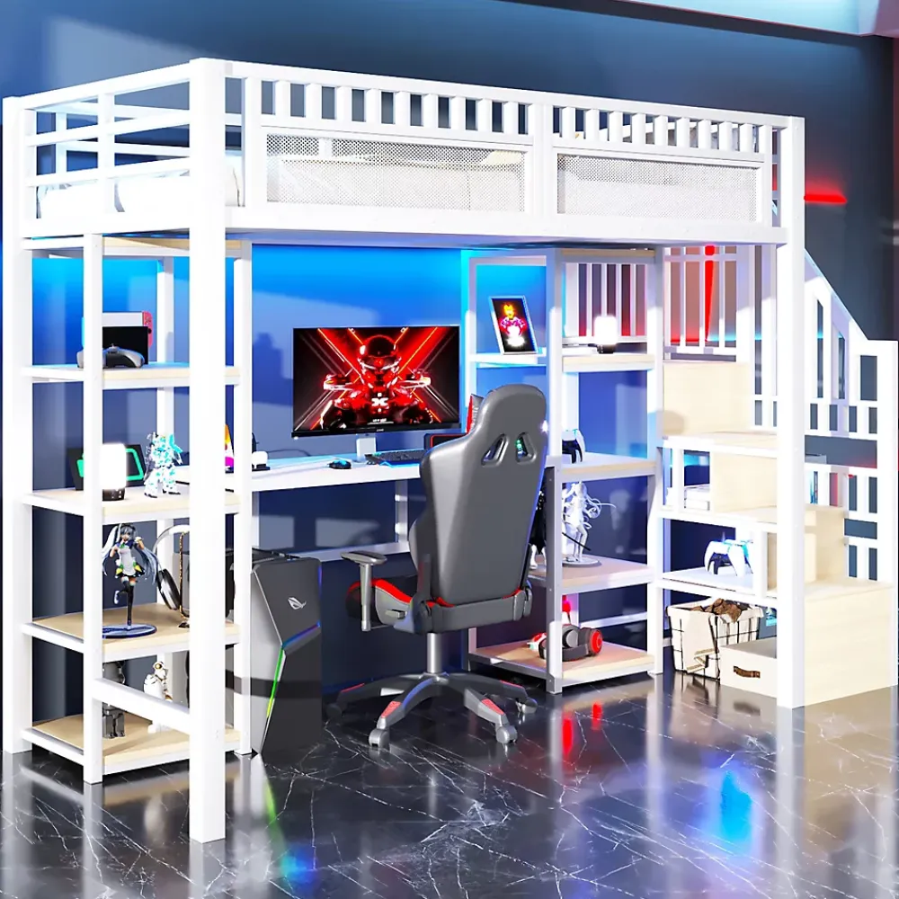 ModernLuxe Lit mezzanine 90x200cm - structure en fer - échelle de rangement - bureau - LED - USB - blanc (matelas non inclus)* Lit Mezzanine
