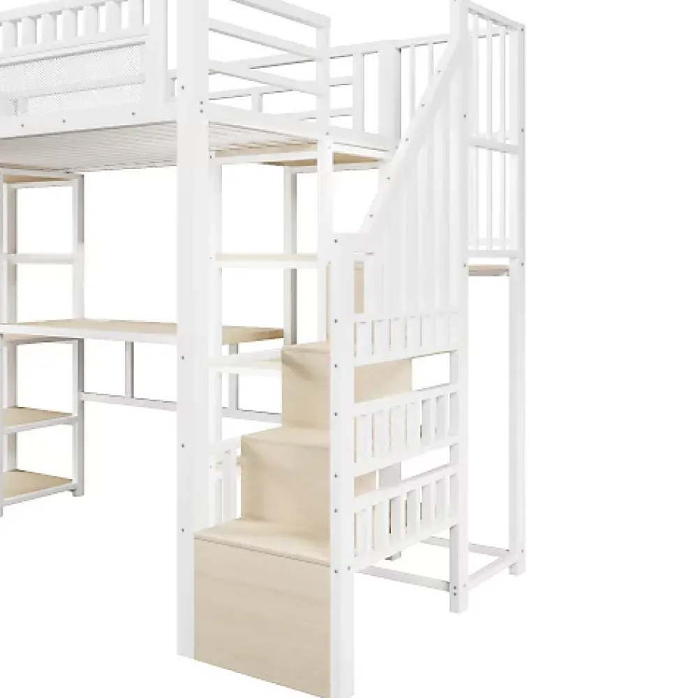 ModernLuxe Lit mezzanine 90x200cm - structure en fer - échelle de rangement - bureau - LED - USB - blanc (matelas non inclus)* Lit Mezzanine