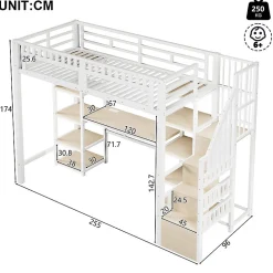 ModernLuxe Lit mezzanine 90x200cm - structure en fer - échelle de rangement - bureau - LED - USB - blanc (matelas non inclus)* Lit Mezzanine