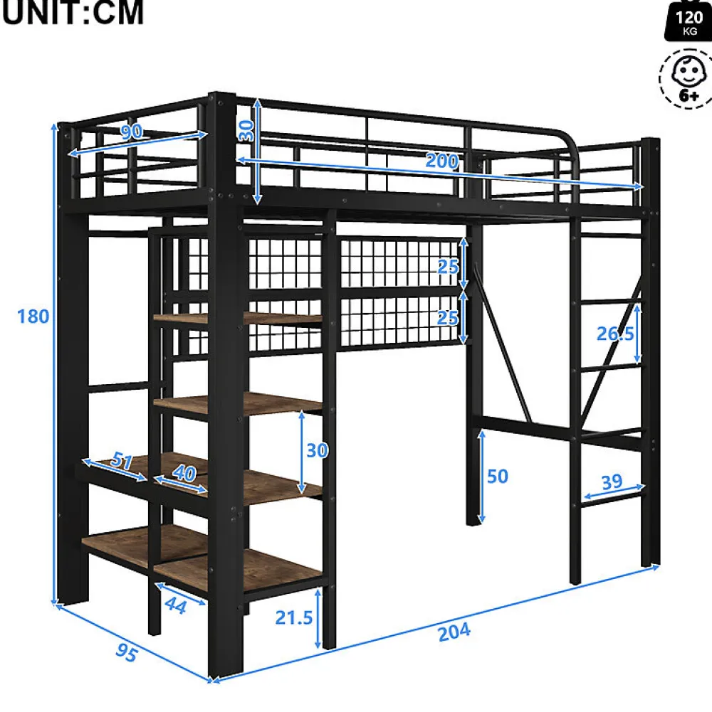 ModernLuxe Lit mezzanine 90x200cm - structure en fer - rangements - éclairage LED - noir (matelas non inclus)* Lit Mezzanine