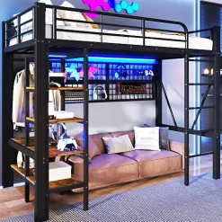 ModernLuxe Lit mezzanine 90x200cm - structure en fer - rangements - éclairage LED - noir (matelas non inclus)* Lit Mezzanine