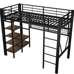 ModernLuxe Lit mezzanine 90x200cm - structure en fer - rangements - éclairage LED - noir (matelas non inclus)* Lit Mezzanine