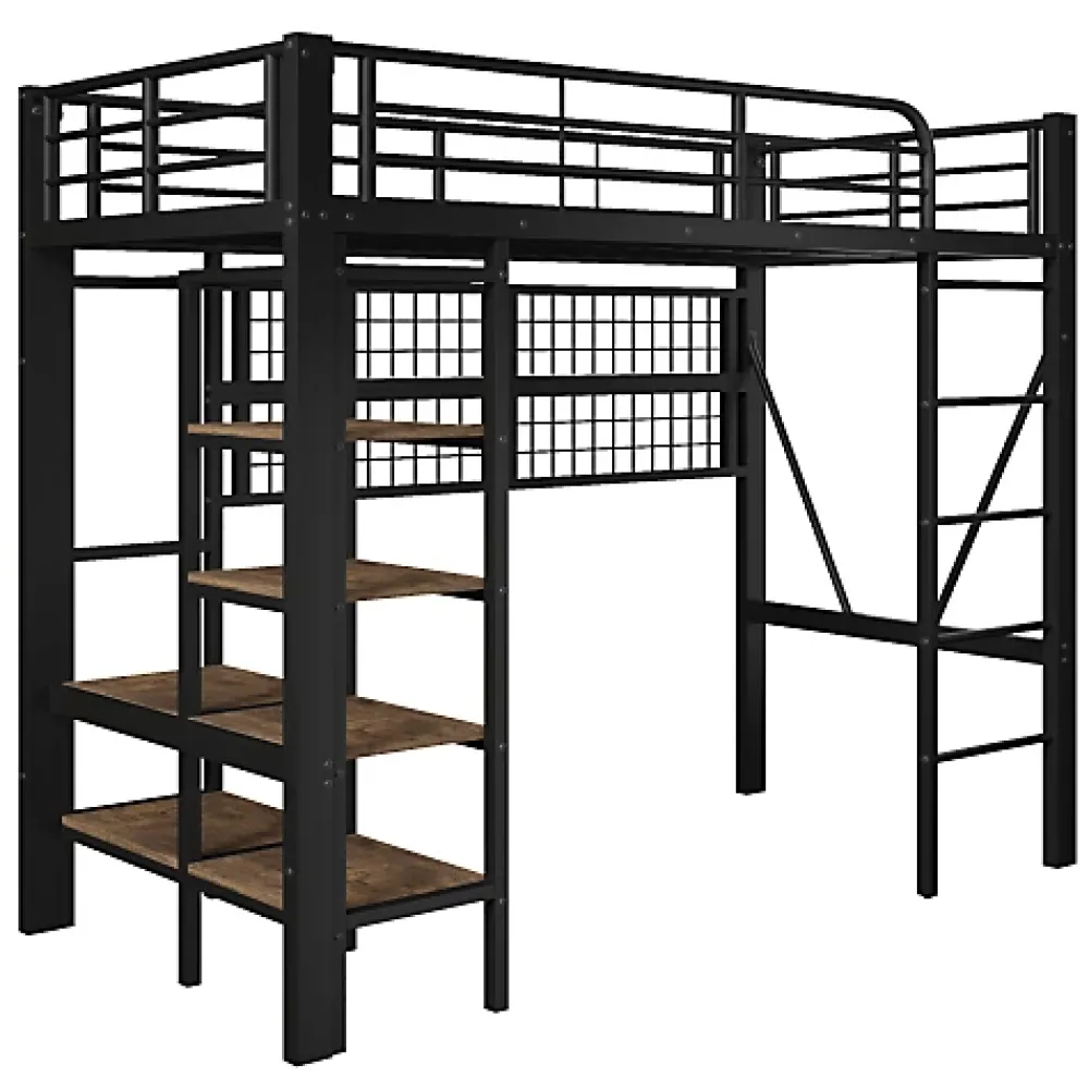ModernLuxe Lit mezzanine 90x200cm - structure en fer - rangements - éclairage LED - noir (matelas non inclus)* Lit Mezzanine