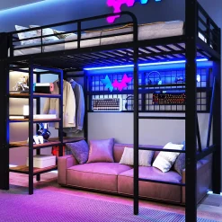 ModernLuxe Lit mezzanine 90x200cm - structure en fer - rangements - éclairage LED - noir (matelas non inclus)* Lit Mezzanine