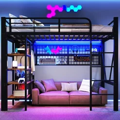 ModernLuxe Lit mezzanine 90x200cm - structure en fer - rangements - éclairage LED - noir (matelas non inclus)* Lit Mezzanine