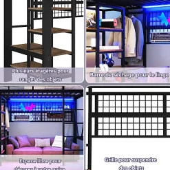 ModernLuxe Lit mezzanine 90x200cm - structure en fer - rangements - éclairage LED - noir (matelas non inclus)* Lit Mezzanine