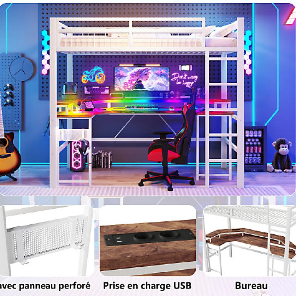 Lit mezzanine 90x200cm - structure en fer - bureau intégré - LED - USB et prise - blanc (matelas non inclus)>ModernLuxe Best
