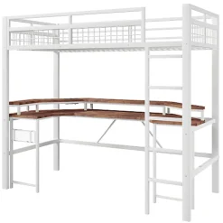 Lit mezzanine 90x200cm - structure en fer - bureau intégré - LED - USB et prise - blanc (matelas non inclus)><noscript><img width=