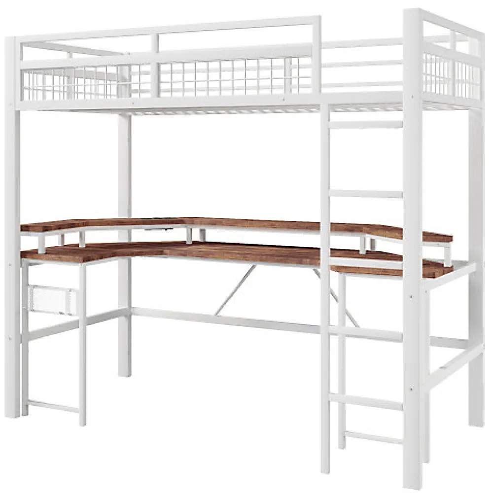 Lit mezzanine 90x200cm - structure en fer - bureau intégré - LED - USB et prise - blanc (matelas non inclus)>ModernLuxe Best