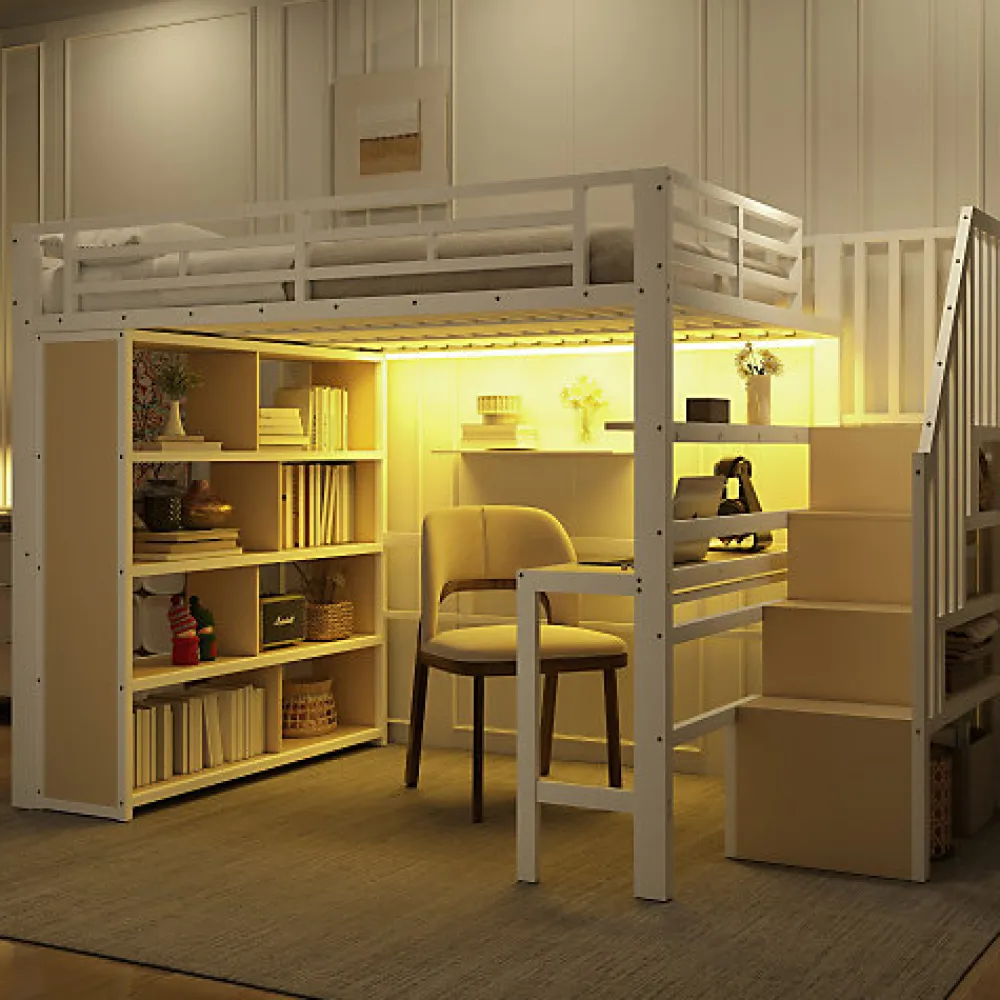 Lit mezzanine 140x200cm - structure en fer - bureau - rangements - LED - escalier - blanc (matelas non inclus)>ModernLuxe