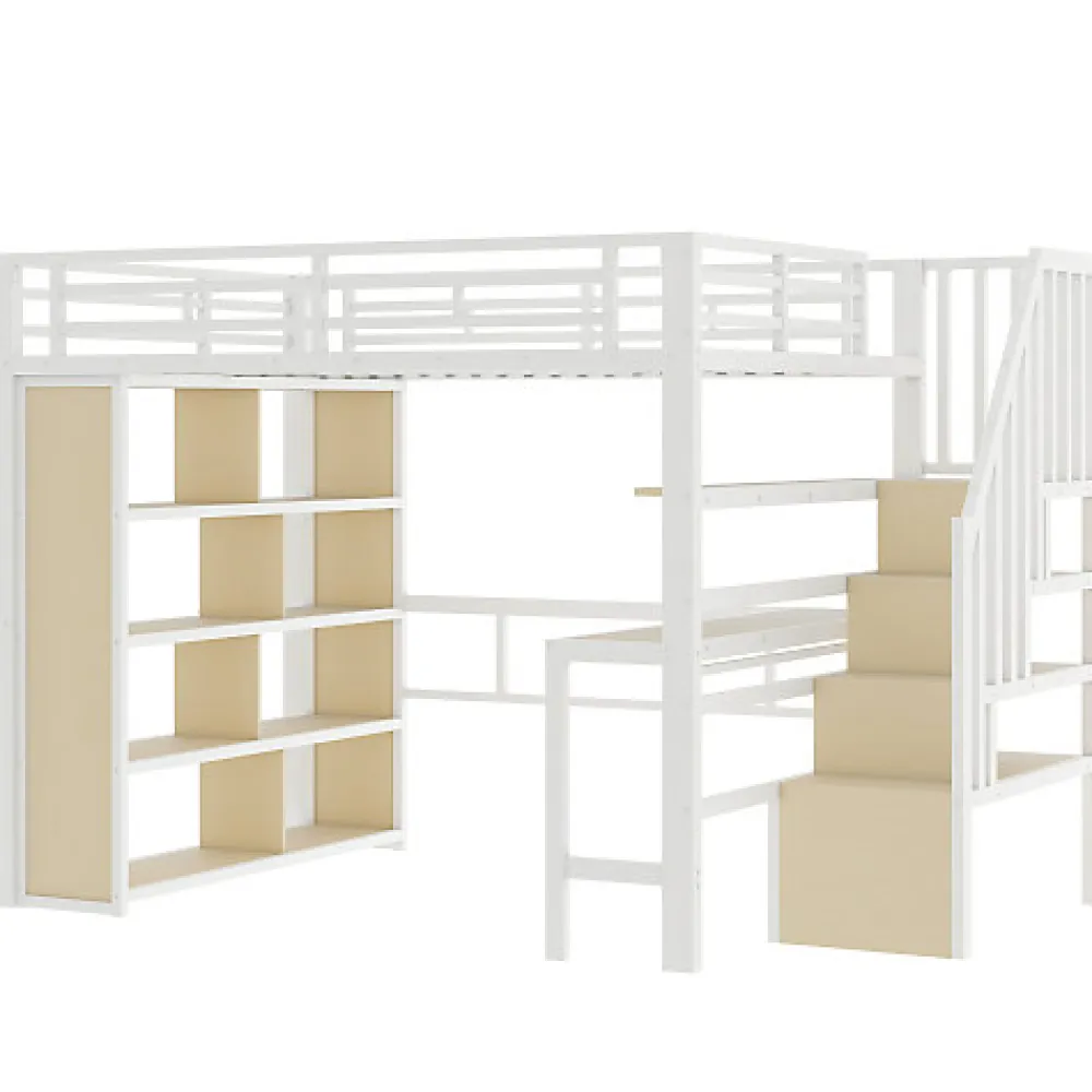 Lit mezzanine 140x200cm - structure en fer - bureau - rangements - LED - escalier - blanc (matelas non inclus)>ModernLuxe