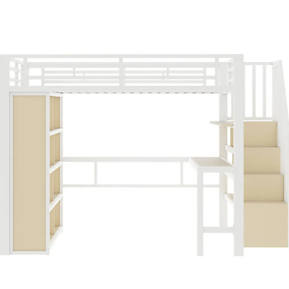 Lit mezzanine 140x200cm - structure en fer - bureau - rangements - LED - escalier - blanc (matelas non inclus)>ModernLuxe