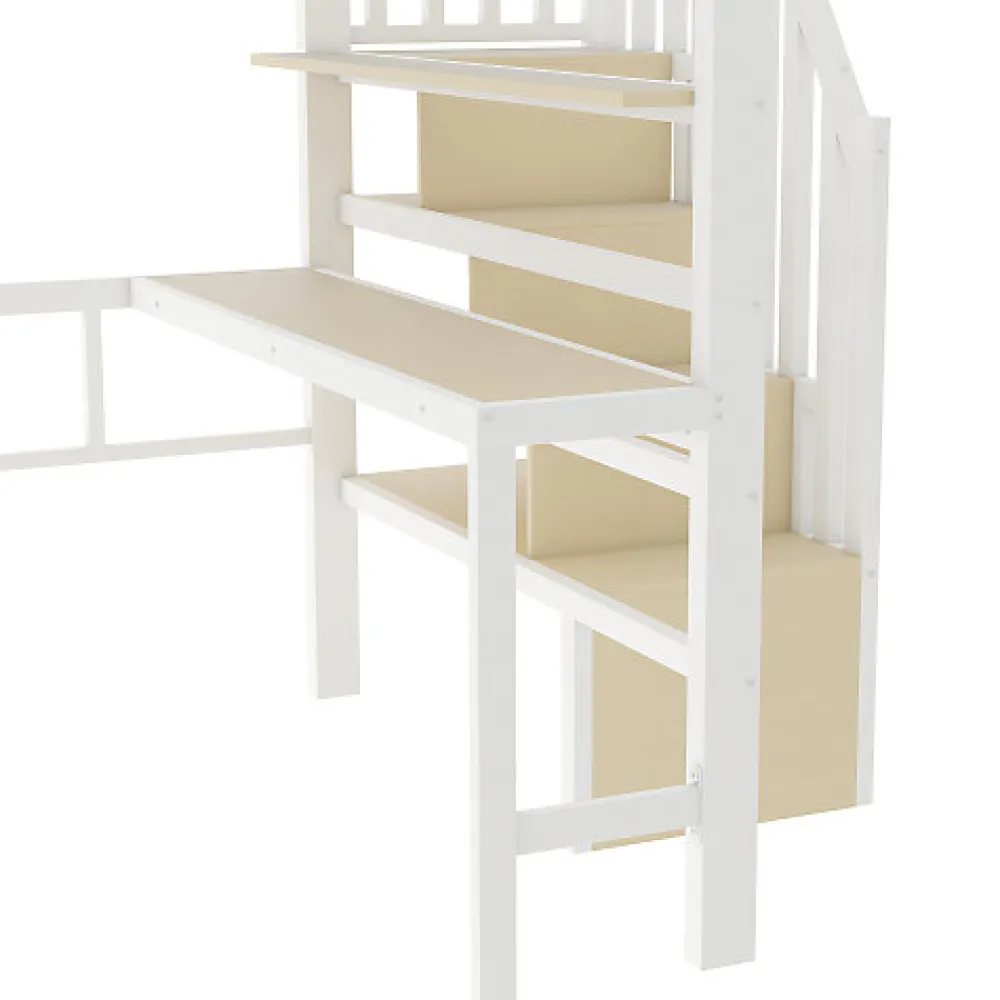 Lit mezzanine 140x200cm - structure en fer - bureau - rangements - LED - escalier - blanc (matelas non inclus)>ModernLuxe